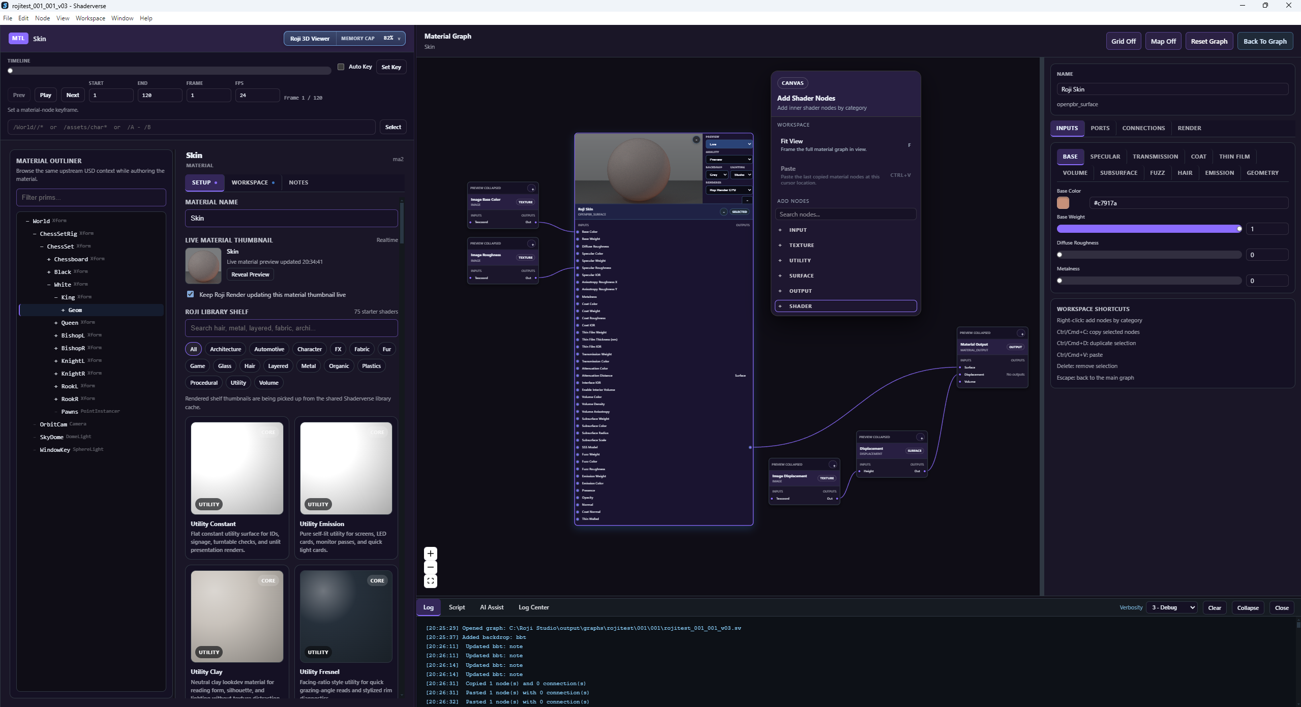Shaderverse material graph with timeline, live material thumbnail, node previews, graph canvas and parameter panel