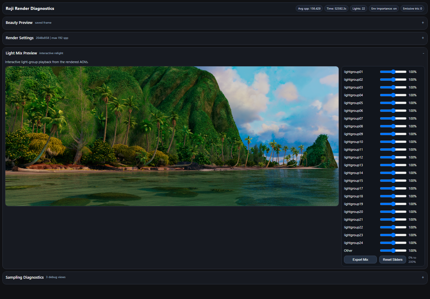 Roji Render Diagnostics stats HTML: render settings, interactive Light Mix Preview of the Moana Island Scene render, and per-lightgroup sliders