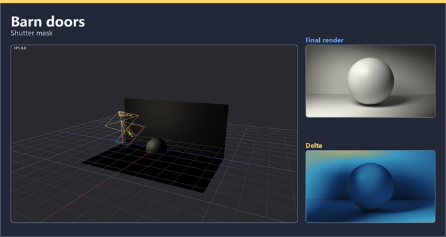 Barn doors light filter: shutter mask viewport guide with final render and delta proof